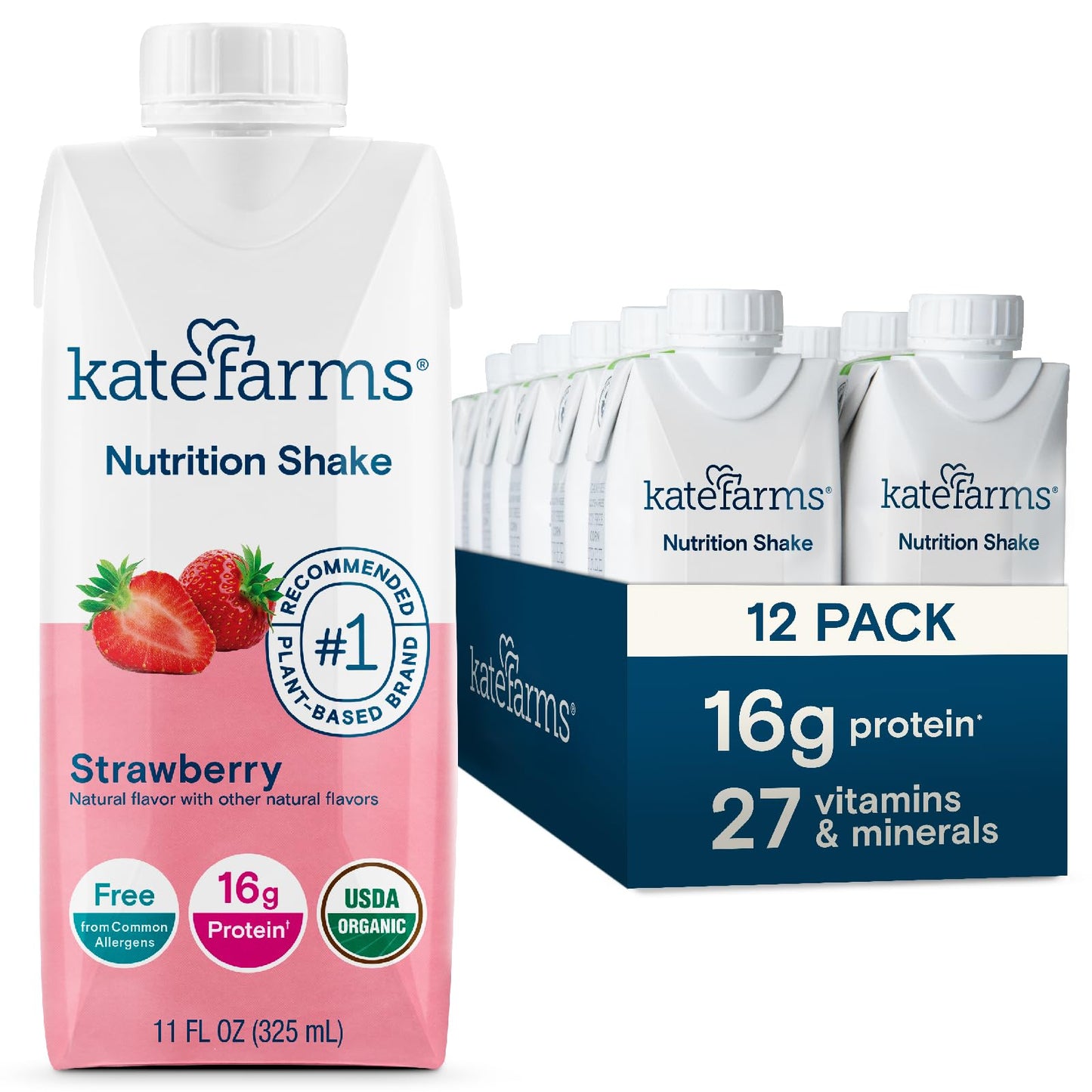 KATE FARMS Organic Nutrition Shake, Chocolate, 16g Protein, 6 Pack | Organic chocolate nutrition shake with 16g protein and 27 vitamins and minerals in every serving.