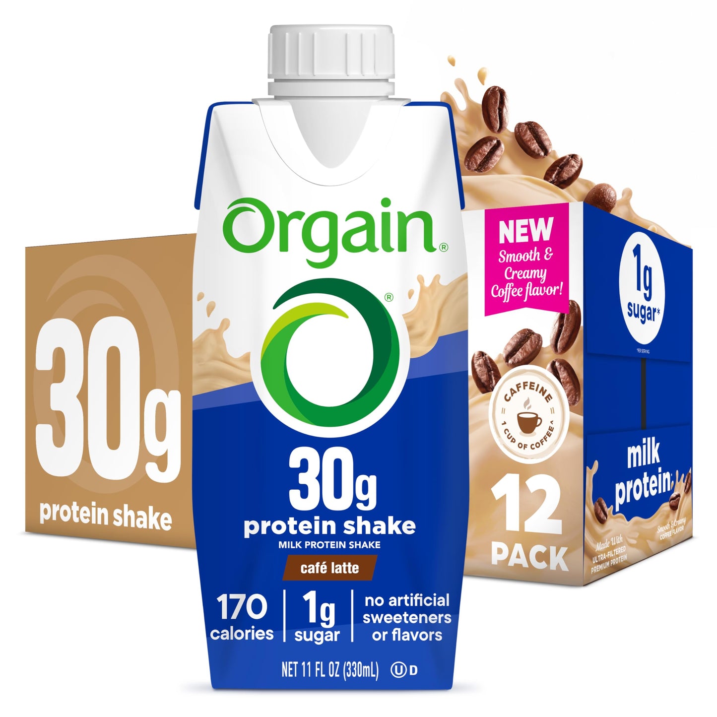 Orgain 38g High Protein Grass-Fed Shake, 6g BCAAs, Chocolate, 14 oz, 12pk | Ready to drink dairy isolate milk protein, meal replacement, 1g sugar per serving, keto friendly, gluten free