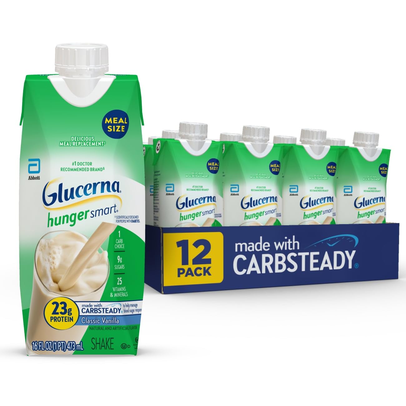 Glucerna Hunger Smart Meal Size Diabetes Care Shake, Classic Chocolate, Diabetic Meal Replacement to Support Blood Sugar Management, 23g Protein, 250 Calories, Ready to Drink, 16-fl-oz Bottle, 12 Pack