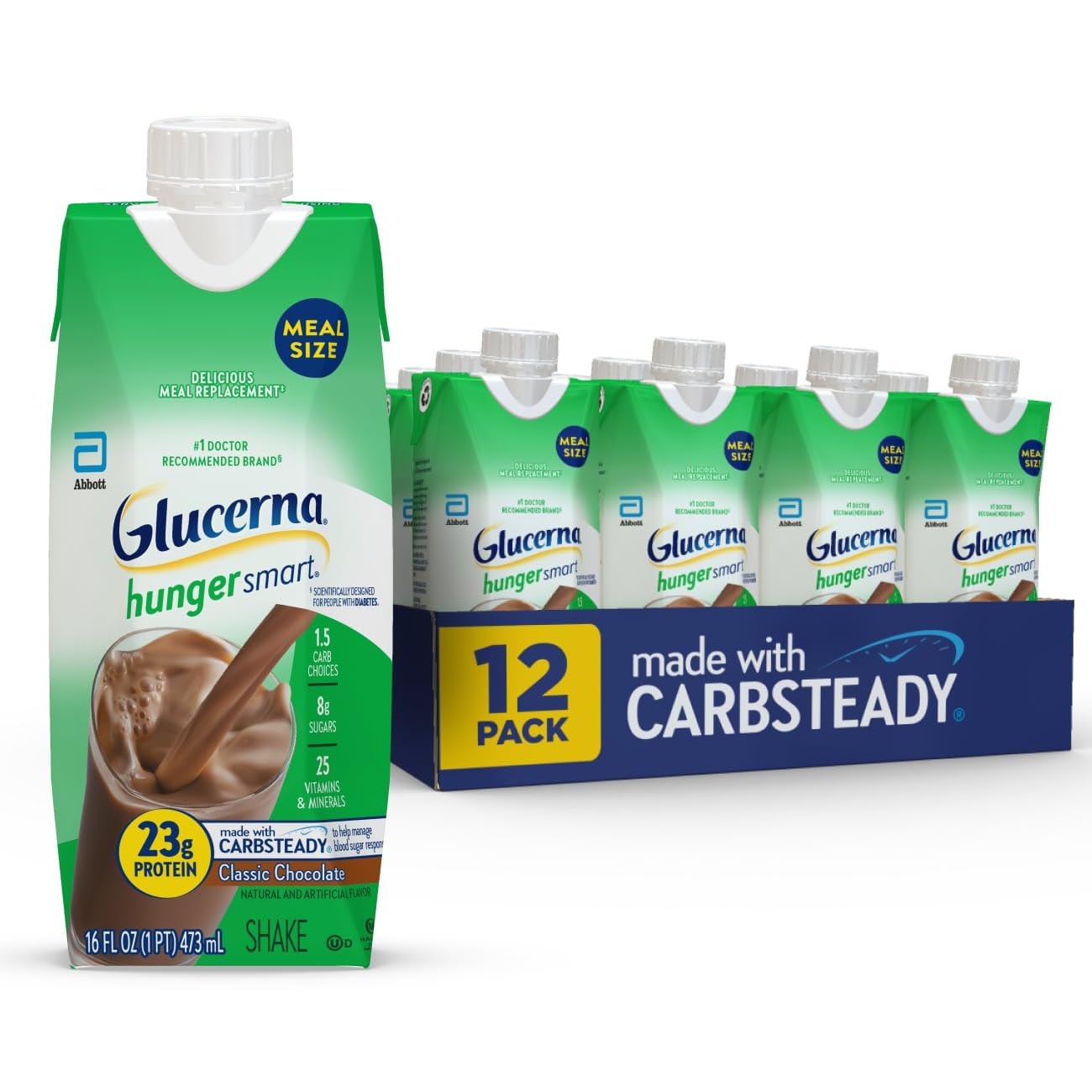 Glucerna Hunger Smart Meal Size Diabetes Care Shake, Classic Chocolate, Diabetic Meal Replacement to Support Blood Sugar Management, 23g Protein, 250 Calories, Ready to Drink, 16-fl-oz Bottle, 12 Pack