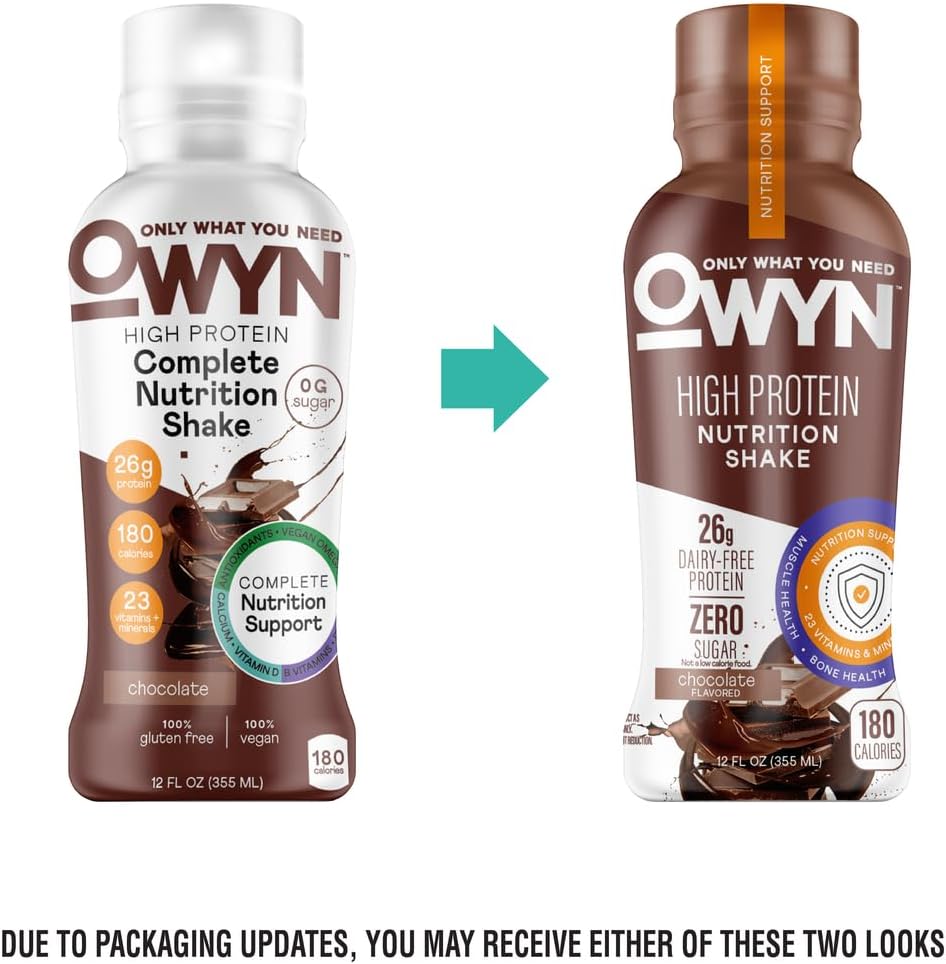 OWYN Only What You Need 26g High Protein Shake, Chocolate Flavored, 12 Ct | 26g Protein, Zero Sugar, 3g Fiber, Dairy Free, Plant Protein, Gluten Free, 12fl oz Bottles, 23 Vitamins and Minerals