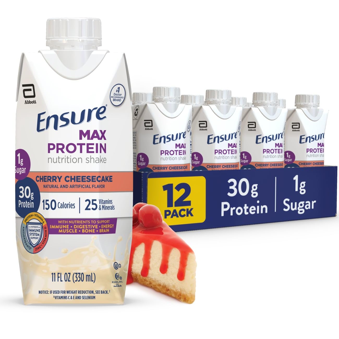 Ensure Max Protein Creamy Peach Shake, 30g High Protein, 12 Pack | 30g Protein to Support Muscle Health & Manage Hunger for Adults, Each Protein Shake has 1g Sugar, 150 Calories, 4g Fiber
