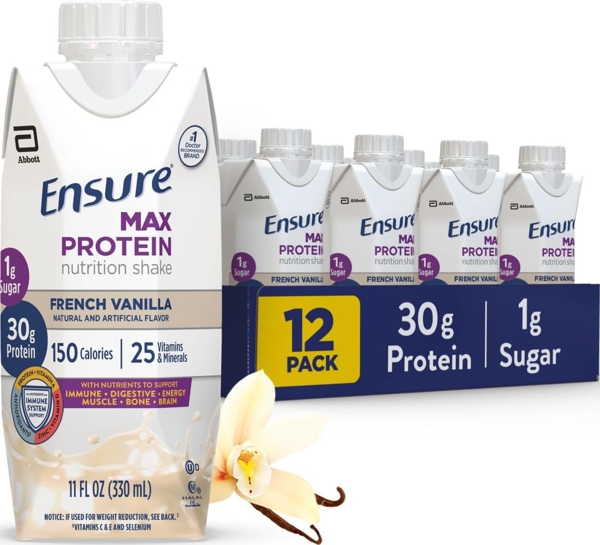 Ensure Max Protein Creamy Peach Shake, 30g High Protein, 12 Pack | 30g Protein to Support Muscle Health & Manage Hunger for Adults, Each Protein Shake has 1g Sugar, 150 Calories, 4g Fiber