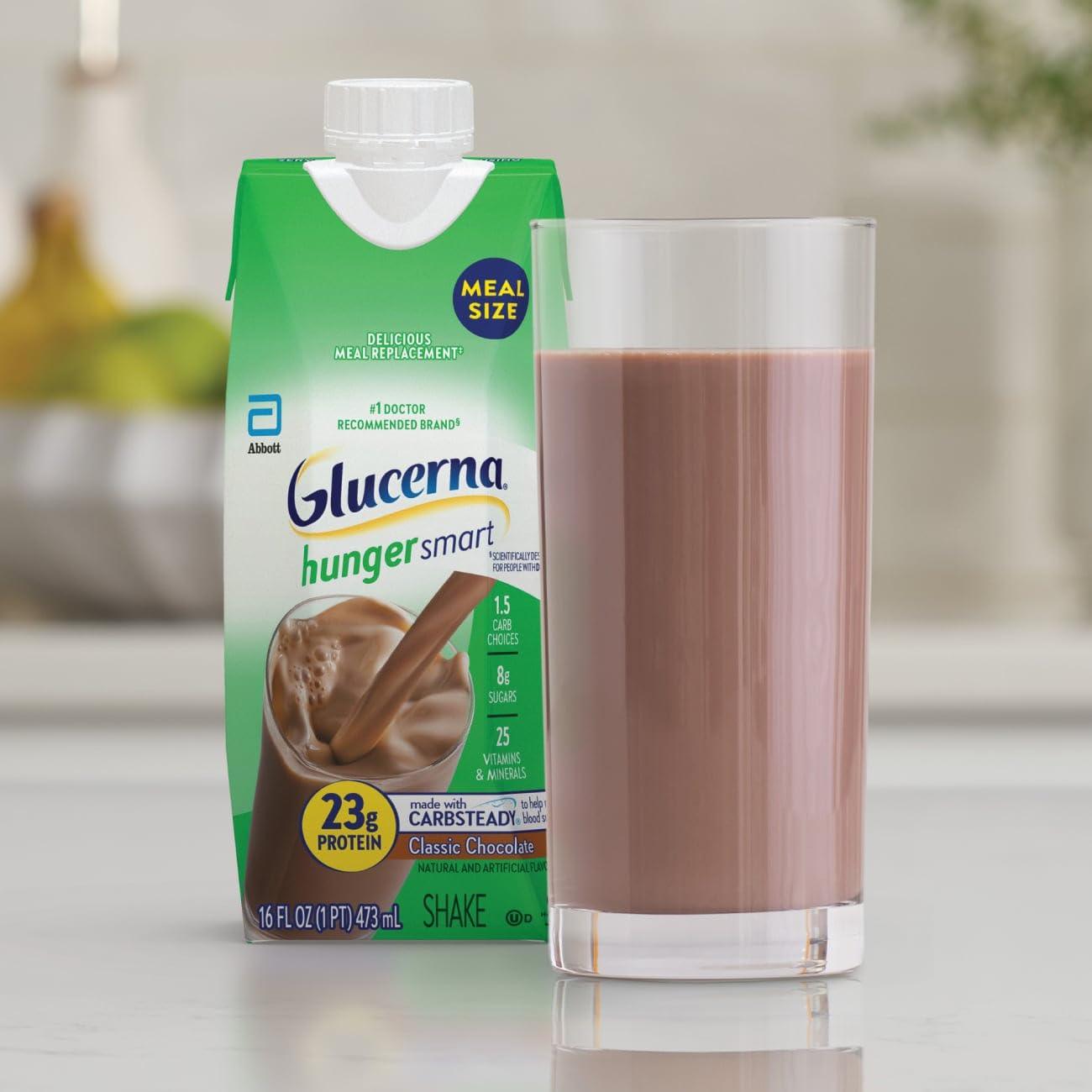 Glucerna Hunger Smart Meal Size Diabetes Care Shake, Classic Chocolate, Diabetic Meal Replacement to Support Blood Sugar Management, 23g Protein, 250 Calories, Ready to Drink, 16-fl-oz Bottle, 12 Pack