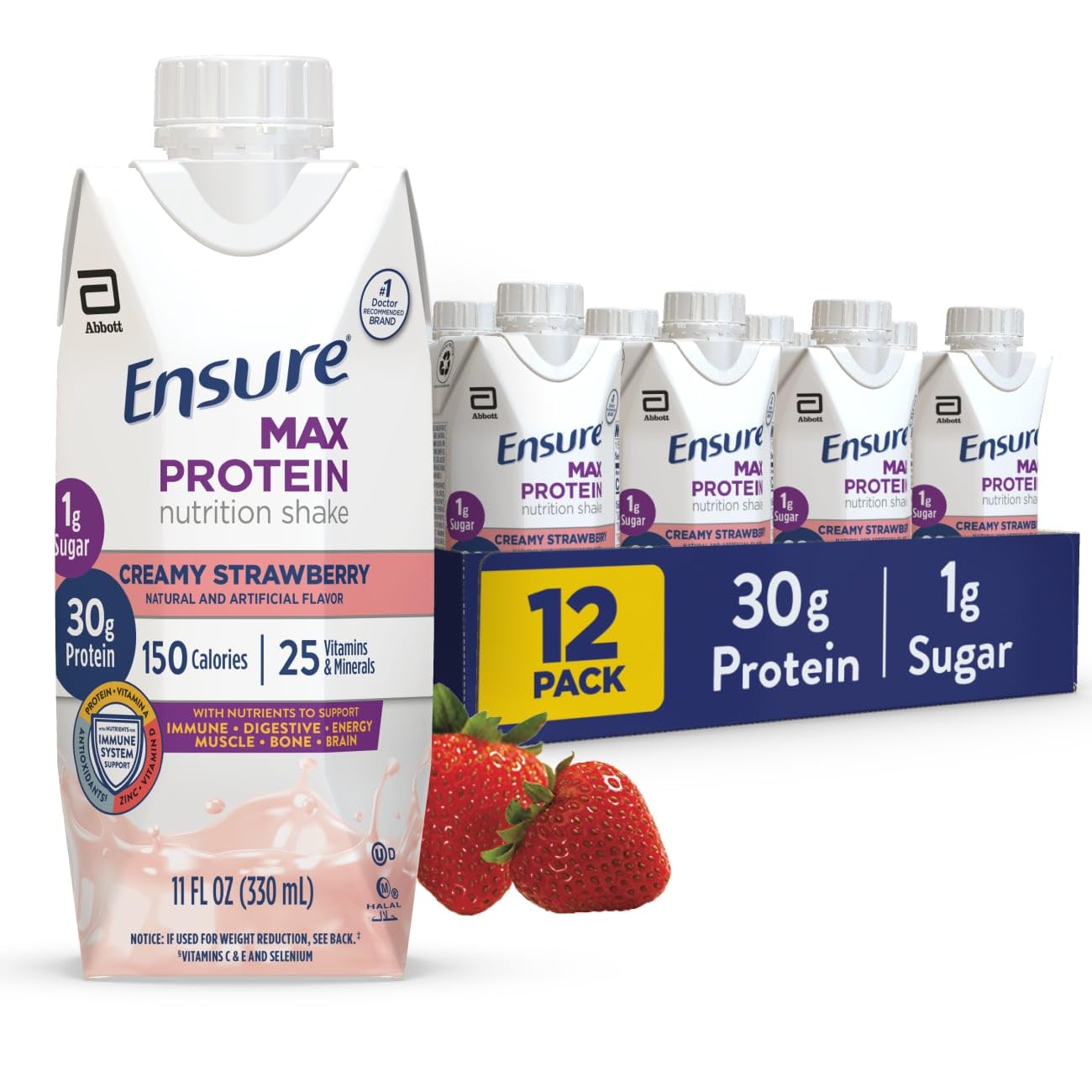 Ensure Max Protein Creamy Peach Shake, 30g High Protein, 12 Pack | 30g Protein to Support Muscle Health & Manage Hunger for Adults, Each Protein Shake has 1g Sugar, 150 Calories, 4g Fiber