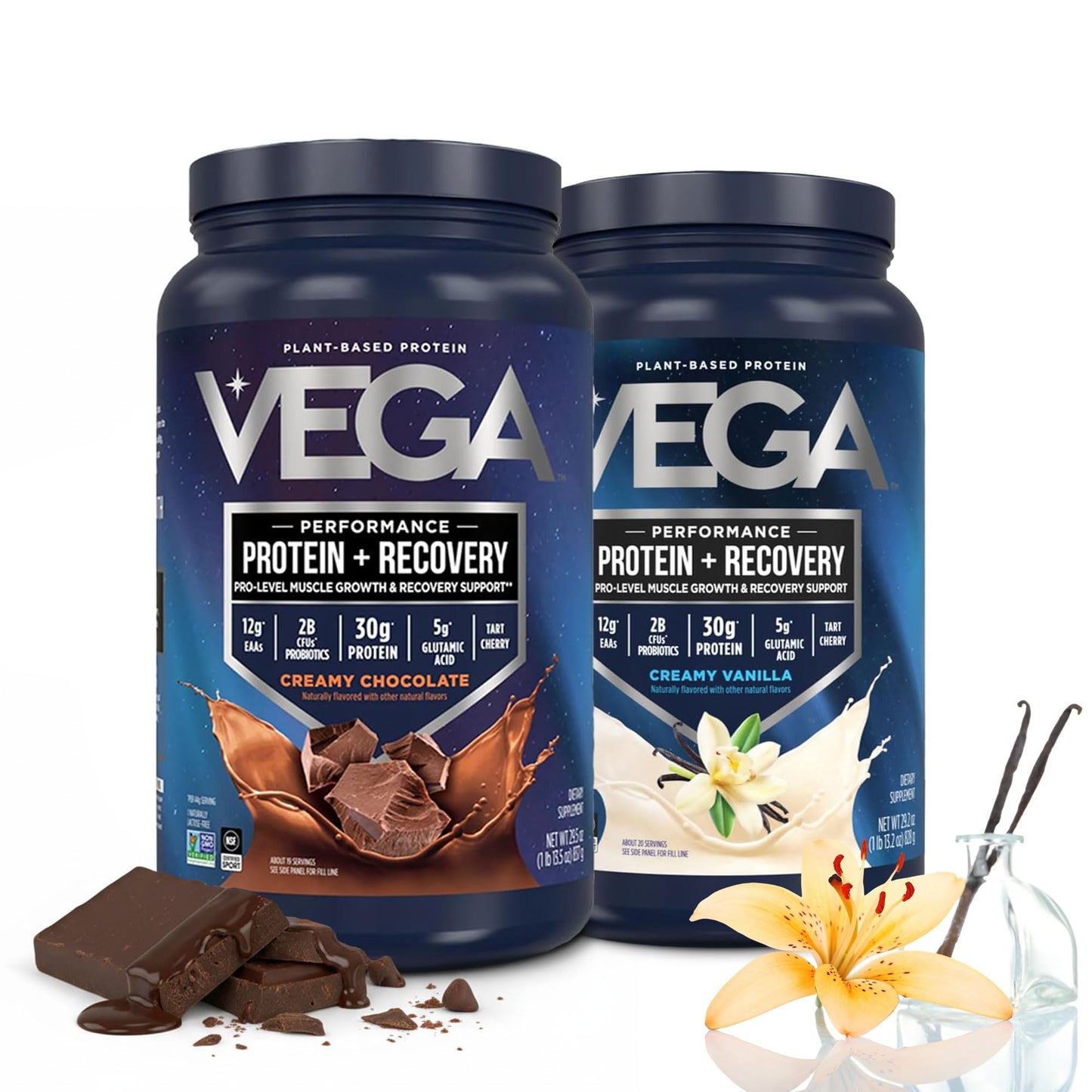 Vega Protein + Recovery, Chocolate – 30g Vegan Protein, Dairy & Gluten Free, Probiotics, NSF Certified, 28.8 oz (19 Servings)