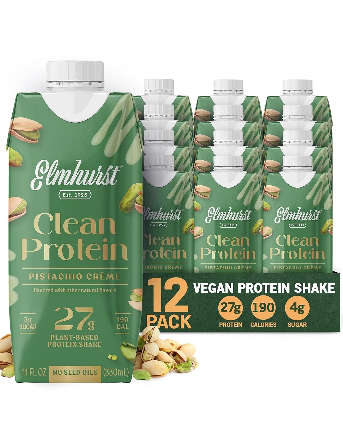 Elmhurst 1925 Pistachio Cream Vegan Protein Shakes, 11 Ounce (12-Pack) | Non-Dairy, Plant-Based Nutritional Shakes Made with 27g Clean Protein & Natural Ingredients for Healthy On-the-Go Treat
