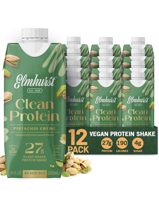 Elmhurst 1925 Pistachio Cream Vegan Protein Shakes, 11 Ounce (12-Pack) | Non-Dairy, Plant-Based Nutritional Shakes Made with 27g Clean Protein & Natural Ingredients for Healthy On-the-Go Treat