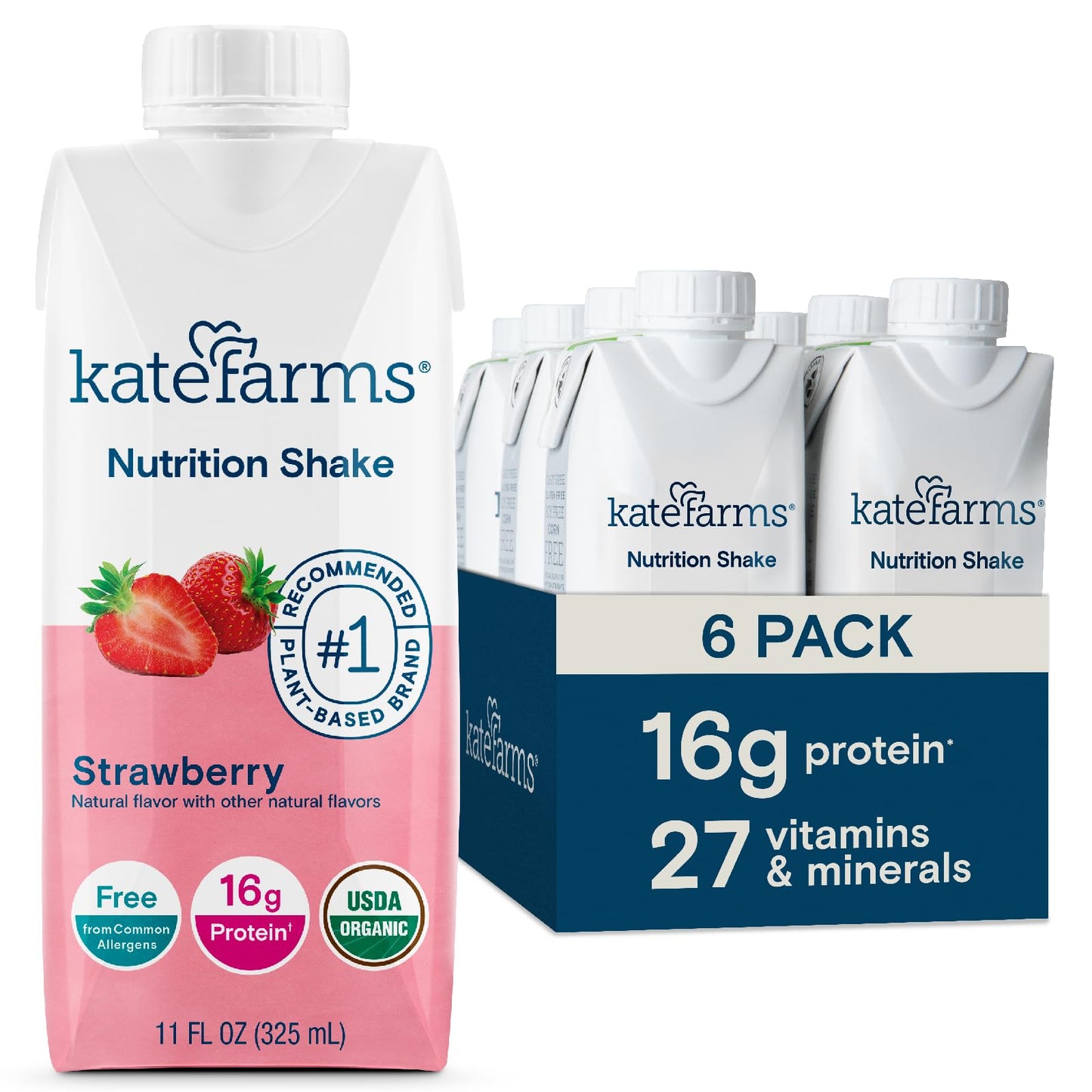 KATE FARMS Organic Nutrition Shake, Chocolate, 16g Protein, 6 Pack | Organic chocolate nutrition shake with 16g protein and 27 vitamins and minerals in every serving.