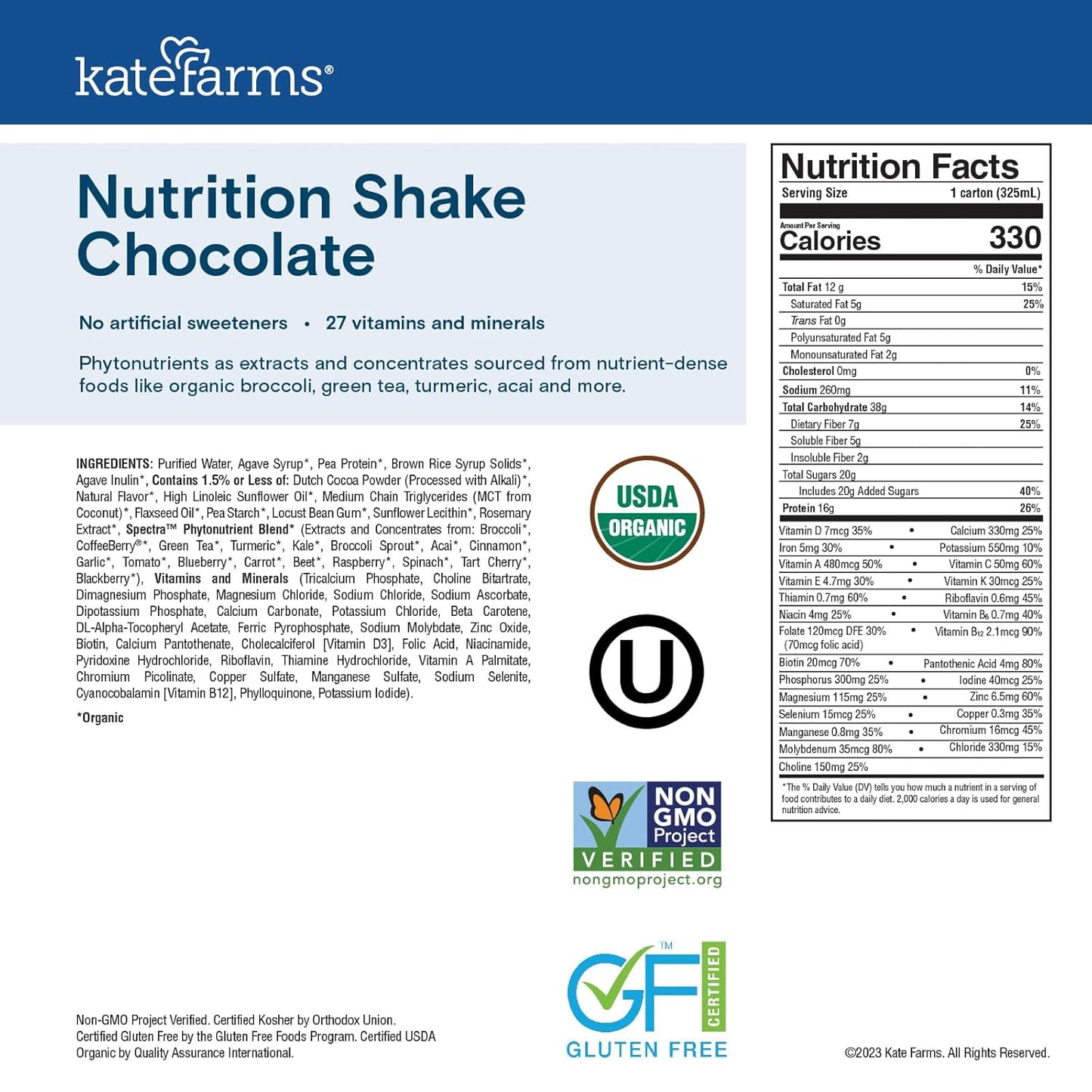 KATE FARMS Organic Nutrition Shake, Chocolate, 16g Protein, 6 Pack | Organic chocolate nutrition shake with 16g protein and 27 vitamins and minerals in every serving.