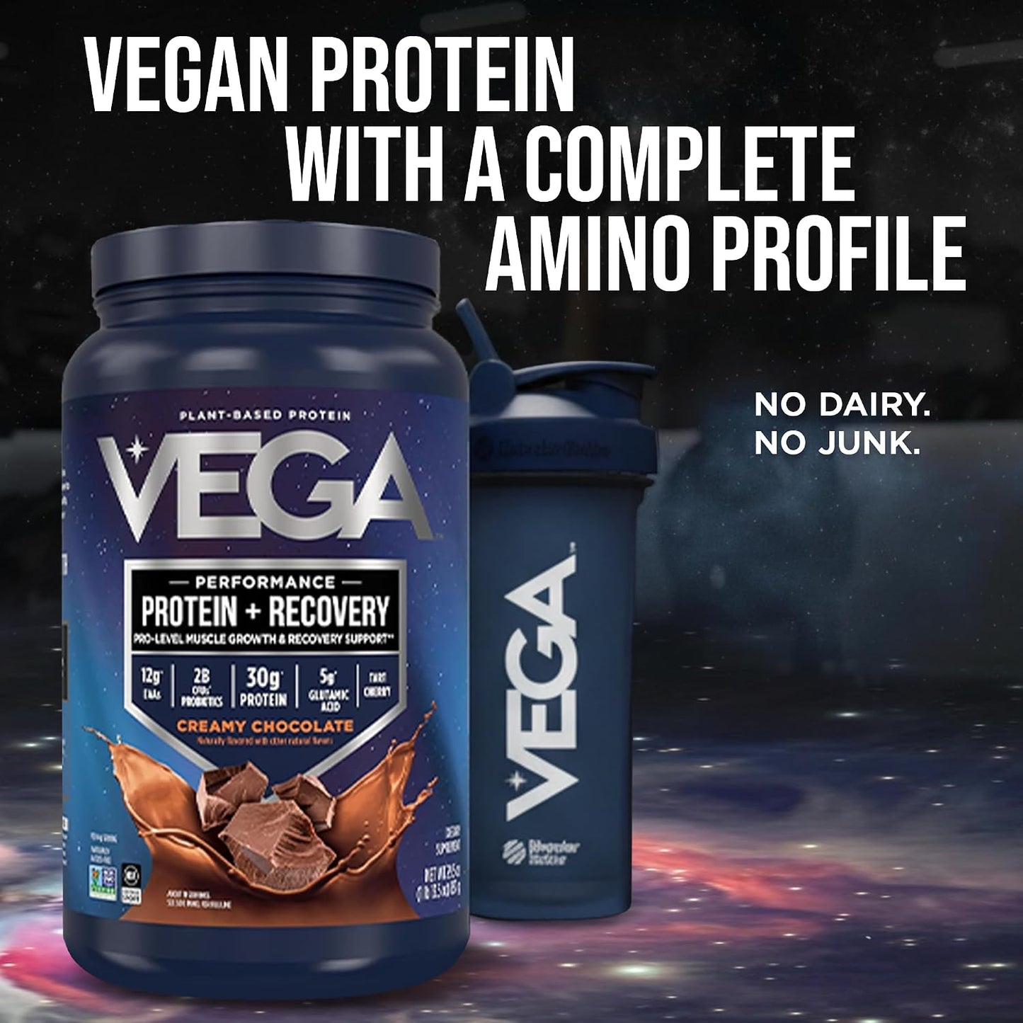 Vega Protein + Recovery, Chocolate – 30g Vegan Protein, Dairy & Gluten Free, Probiotics, NSF Certified, 28.8 oz (19 Servings)