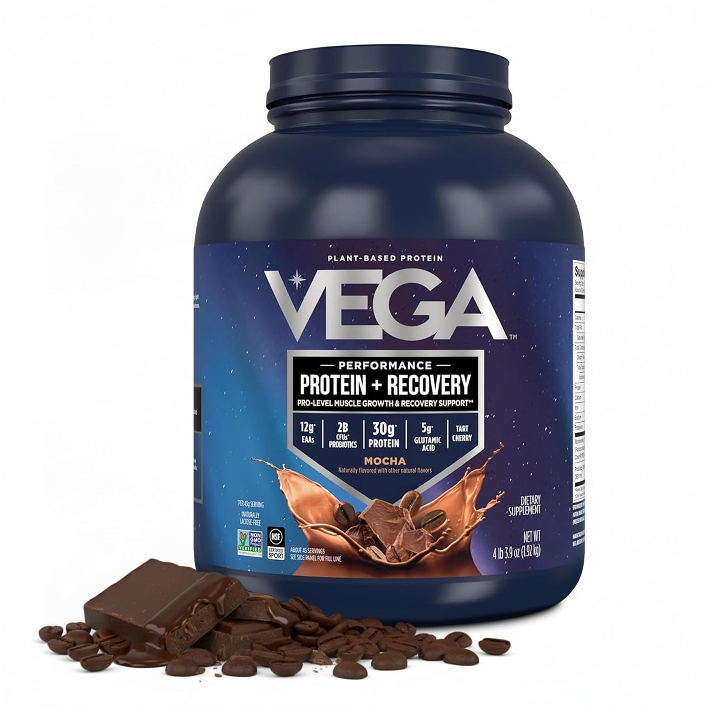 Vega Protein + Recovery, Chocolate – 30g Vegan Protein, Dairy & Gluten Free, Probiotics, NSF Certified, 28.8 oz (19 Servings)