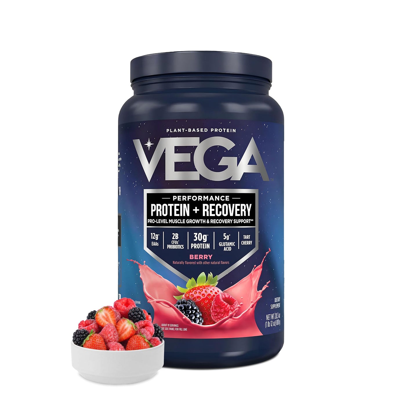 Vega Protein + Recovery, Chocolate – 30g Vegan Protein, Dairy & Gluten Free, Probiotics, NSF Certified, 28.8 oz (19 Servings)