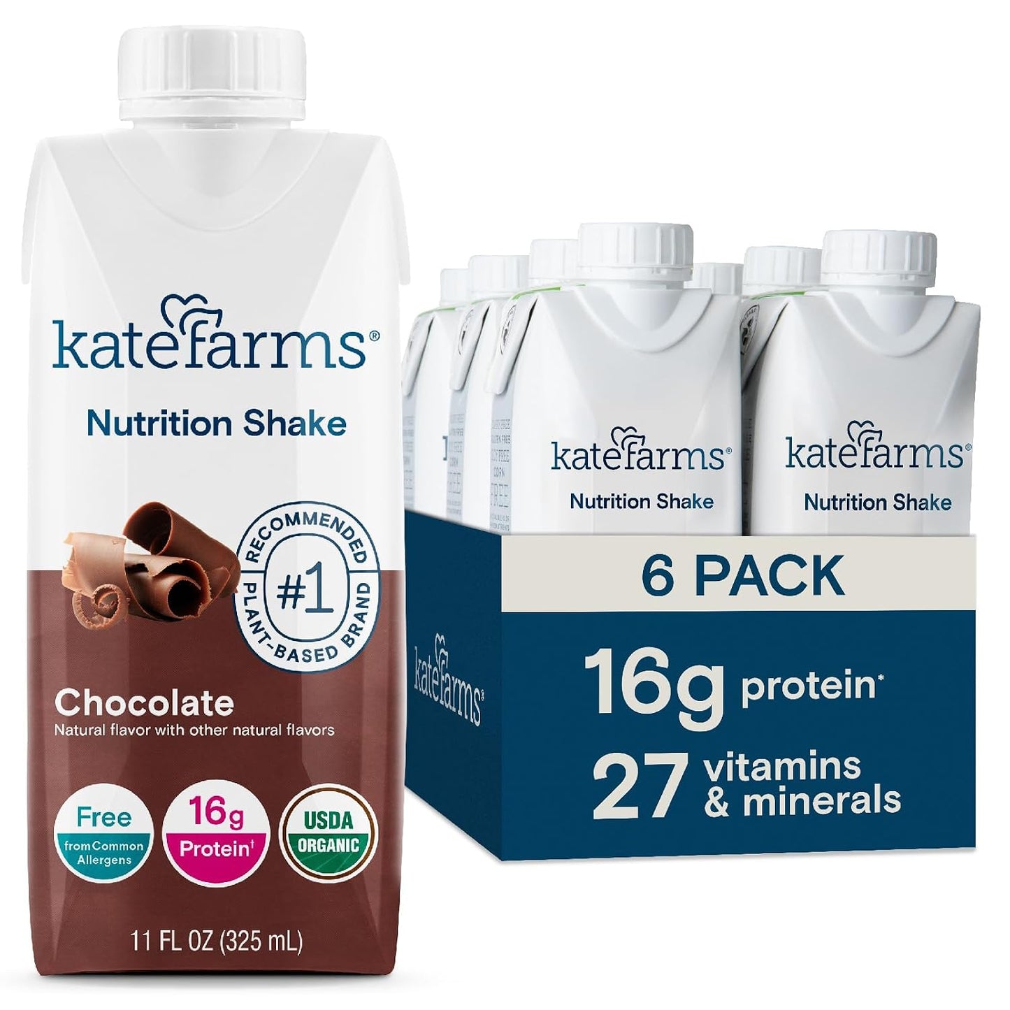 KATE FARMS Organic Nutrition Shake, Chocolate, 16g Protein, 6 Pack | Organic chocolate nutrition shake with 16g protein and 27 vitamins and minerals in every serving.