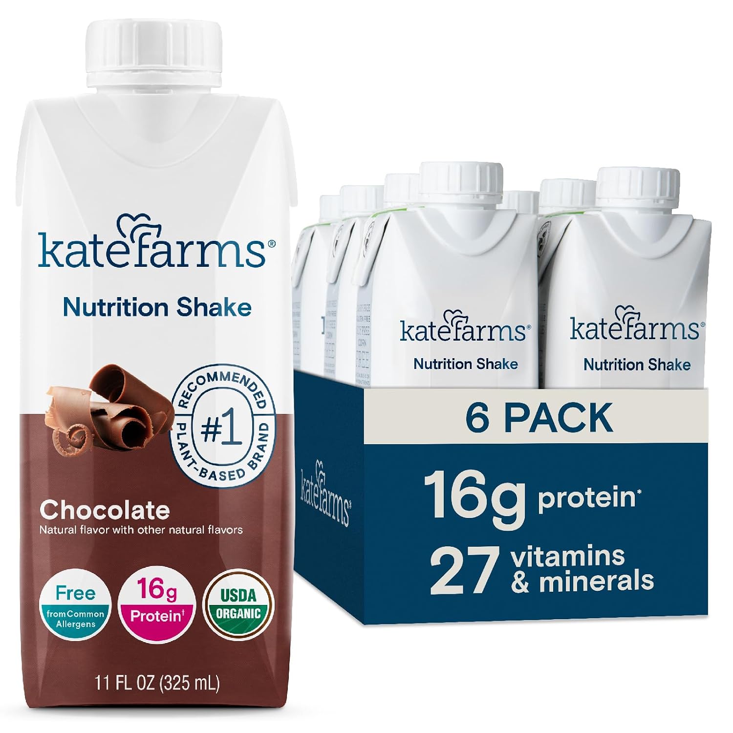KATE FARMS Organic Nutrition Shake, Chocolate, 16g Protein, 6 Pack | Organic chocolate nutrition shake with 16g protein and 27 vitamins and minerals in every serving.