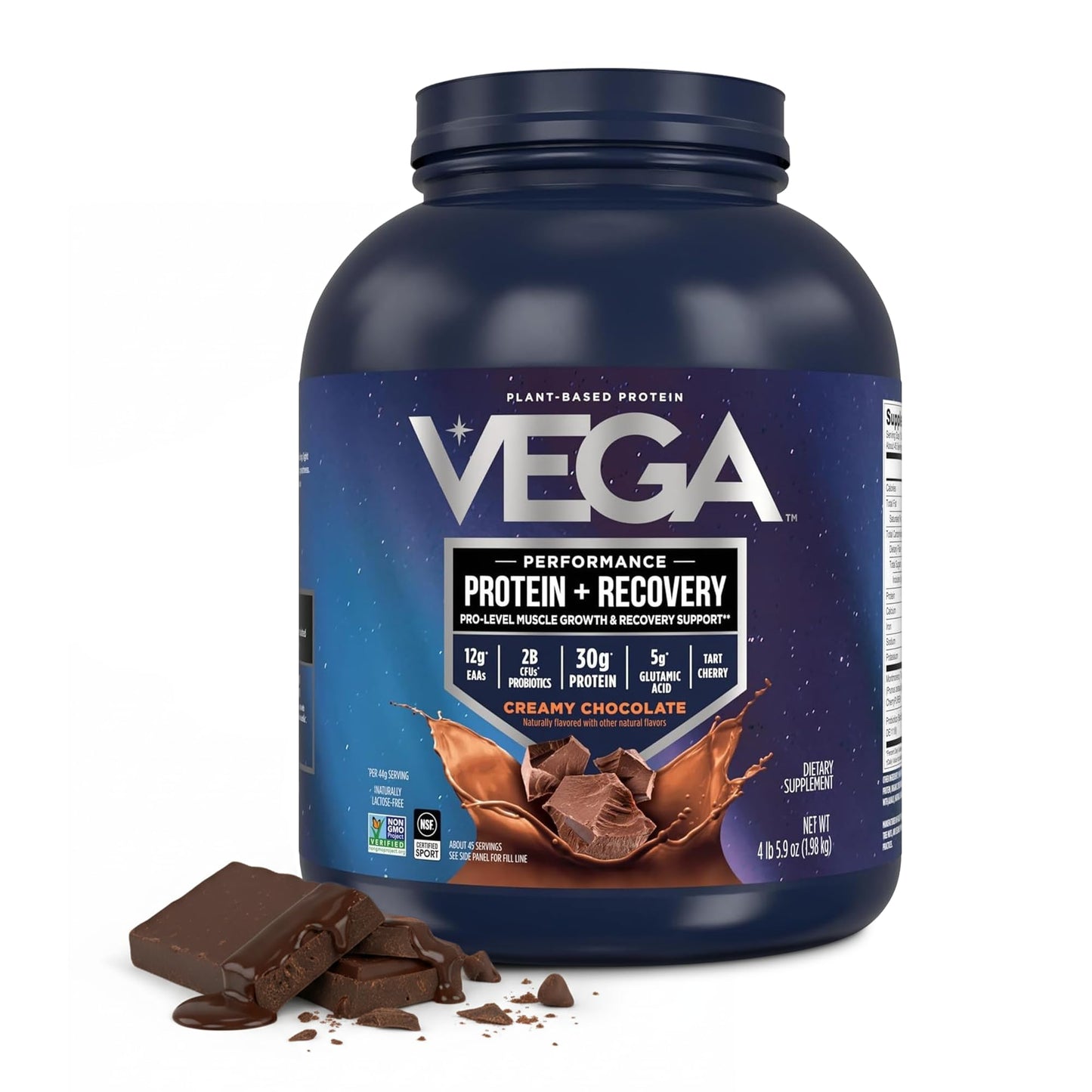 Vega Protein + Recovery, Chocolate – 30g Vegan Protein, Dairy & Gluten Free, Probiotics, NSF Certified, 28.8 oz (19 Servings)