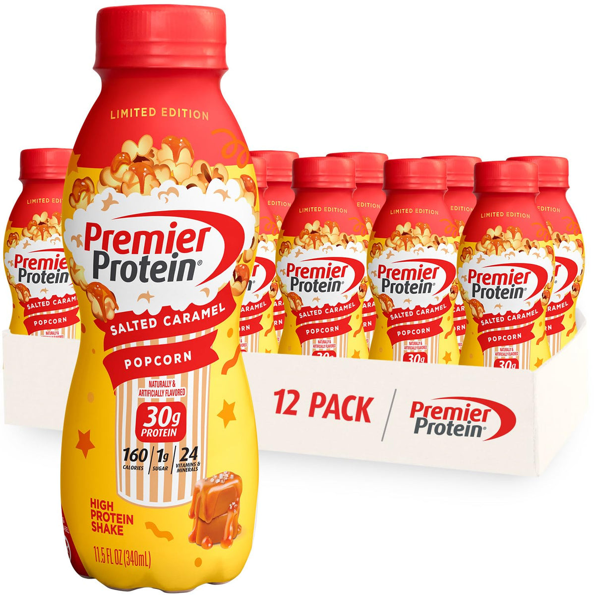 Premier Protein LIMITED EDITION 30g Shake, Salted Caramel Popcorn, 12 Pack