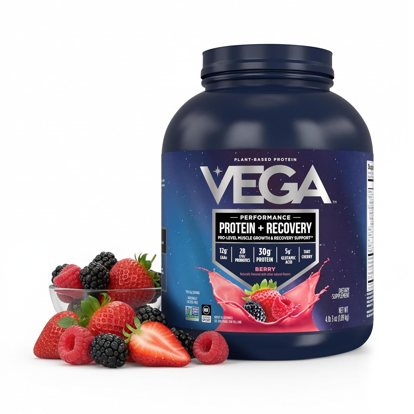 Vega Protein + Recovery, Chocolate – 30g Vegan Protein, Dairy & Gluten Free, Probiotics, NSF Certified, 28.8 oz (19 Servings)