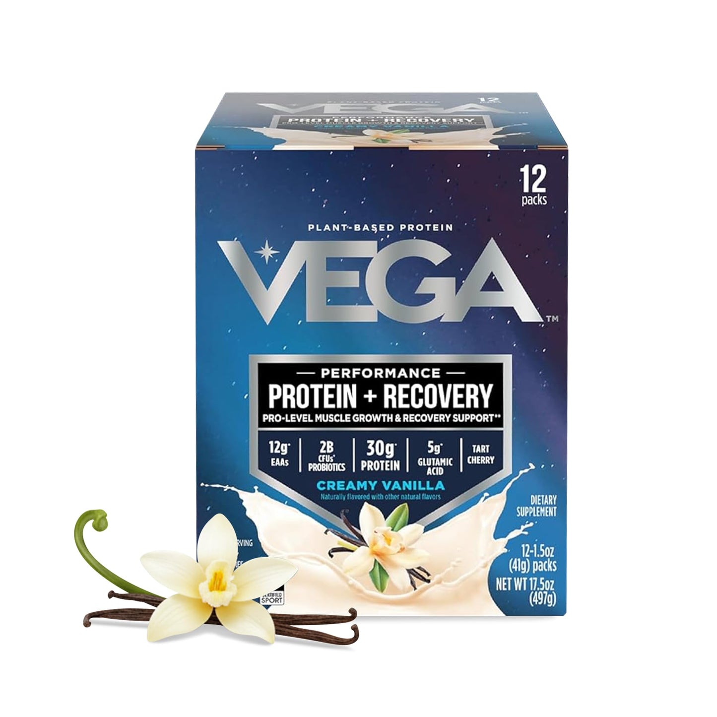 Vega Protein + Recovery, Chocolate – 30g Vegan Protein, Dairy & Gluten Free, Probiotics, NSF Certified, 28.8 oz (19 Servings)