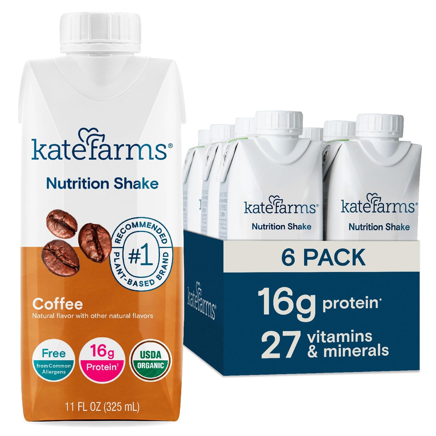 KATE FARMS Organic Nutrition Shake, Chocolate, 16g Protein, 6 Pack | Organic chocolate nutrition shake with 16g protein and 27 vitamins and minerals in every serving.