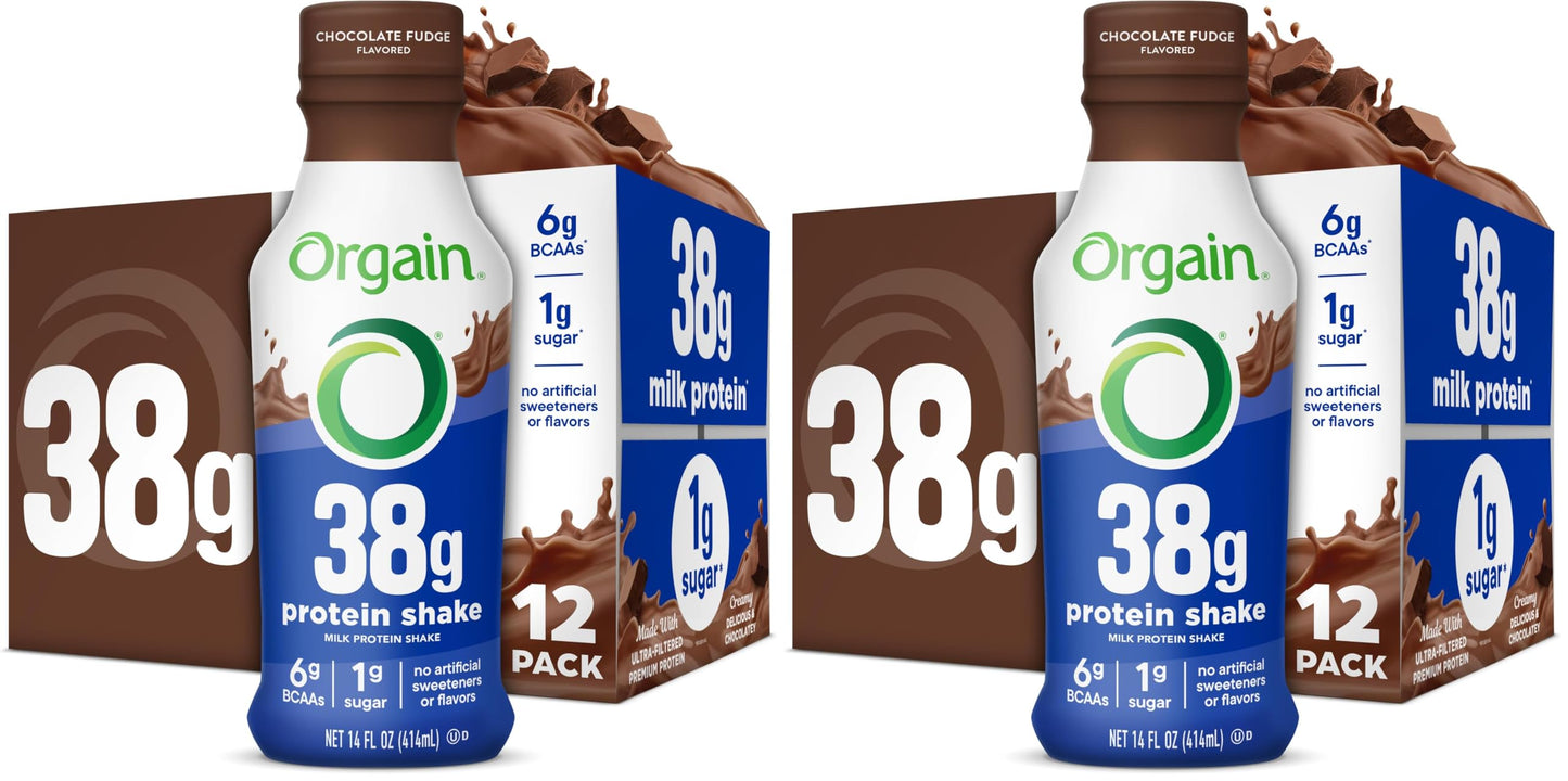 Orgain 38g High Protein Grass-Fed Shake, 6g BCAAs, Chocolate, 14 oz, 12pk | Ready to drink dairy isolate milk protein, meal replacement, 1g sugar per serving, keto friendly, gluten free