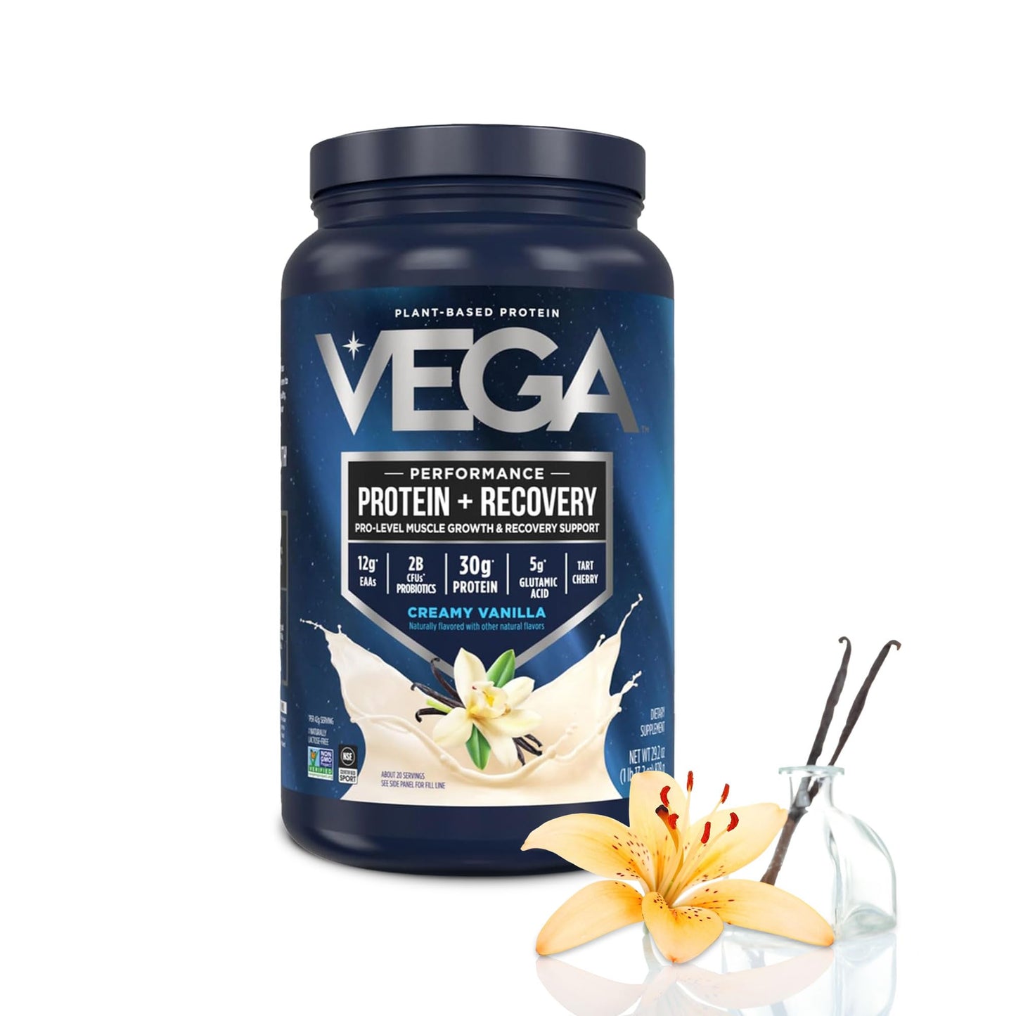 Vega Protein + Recovery, Chocolate – 30g Vegan Protein, Dairy & Gluten Free, Probiotics, NSF Certified, 28.8 oz (19 Servings)
