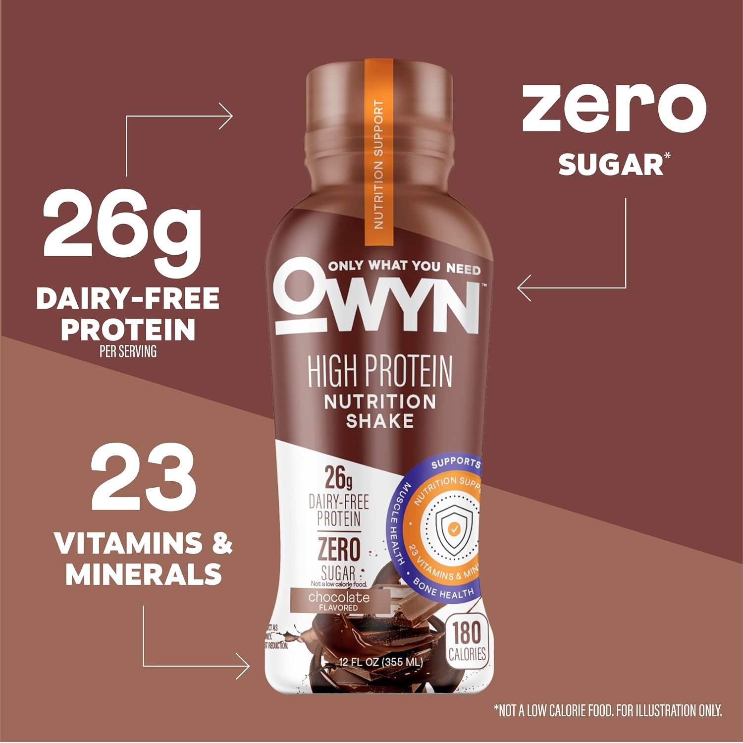 OWYN Only What You Need 26g High Protein Shake, Chocolate Flavored, 12 Ct | 26g Protein, Zero Sugar, 3g Fiber, Dairy Free, Plant Protein, Gluten Free, 12fl oz Bottles, 23 Vitamins and Minerals