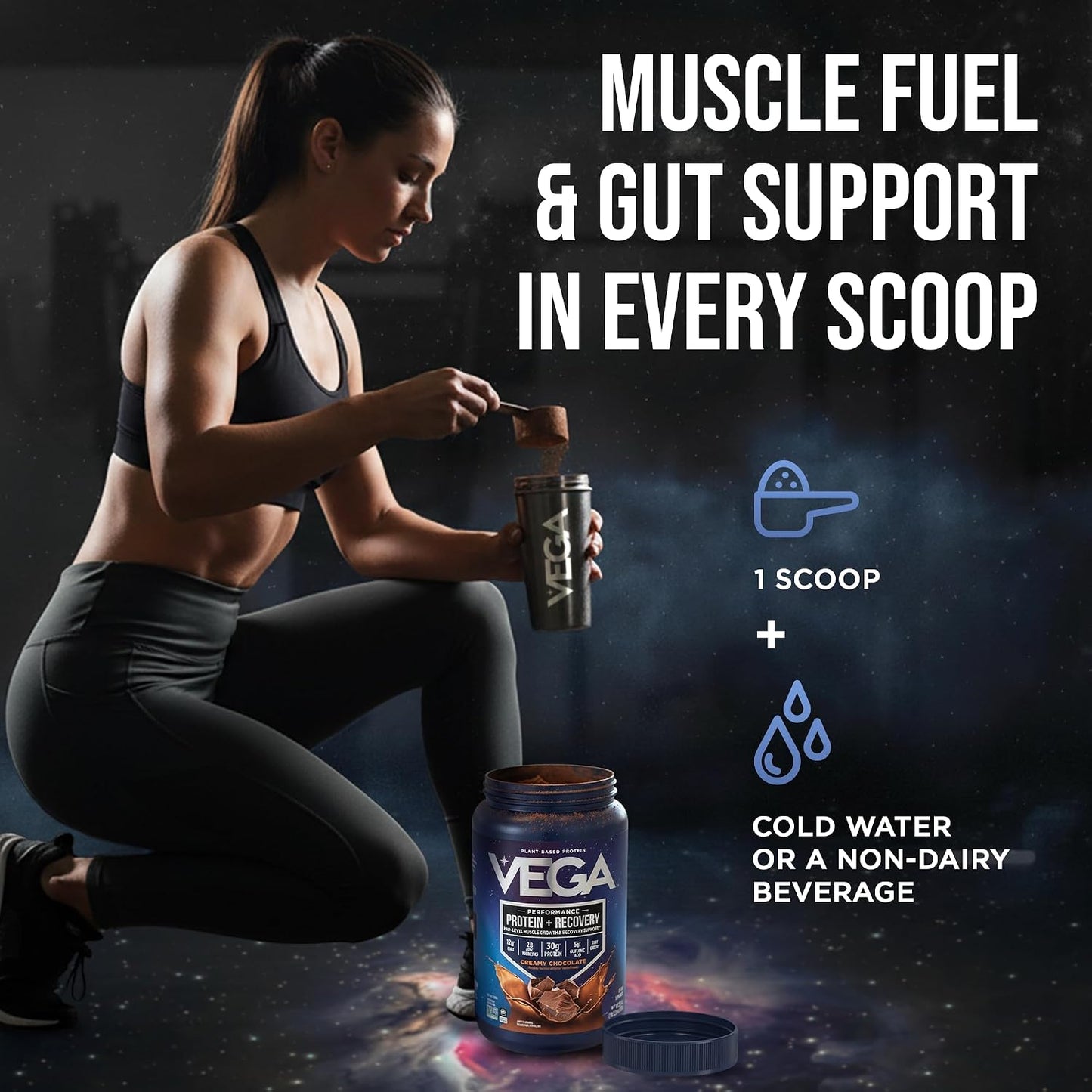 Vega Protein + Recovery, Chocolate – 30g Vegan Protein, Dairy & Gluten Free, Probiotics, NSF Certified, 28.8 oz (19 Servings)