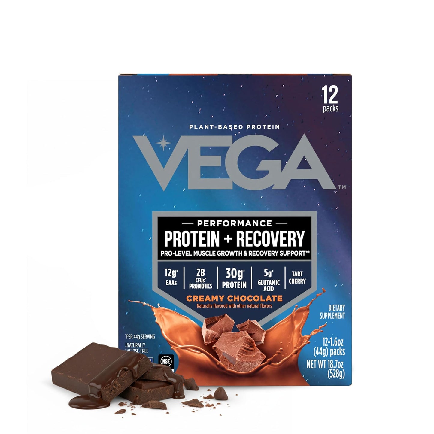 Vega Protein + Recovery, Chocolate – 30g Vegan Protein, Dairy & Gluten Free, Probiotics, NSF Certified, 28.8 oz (19 Servings)