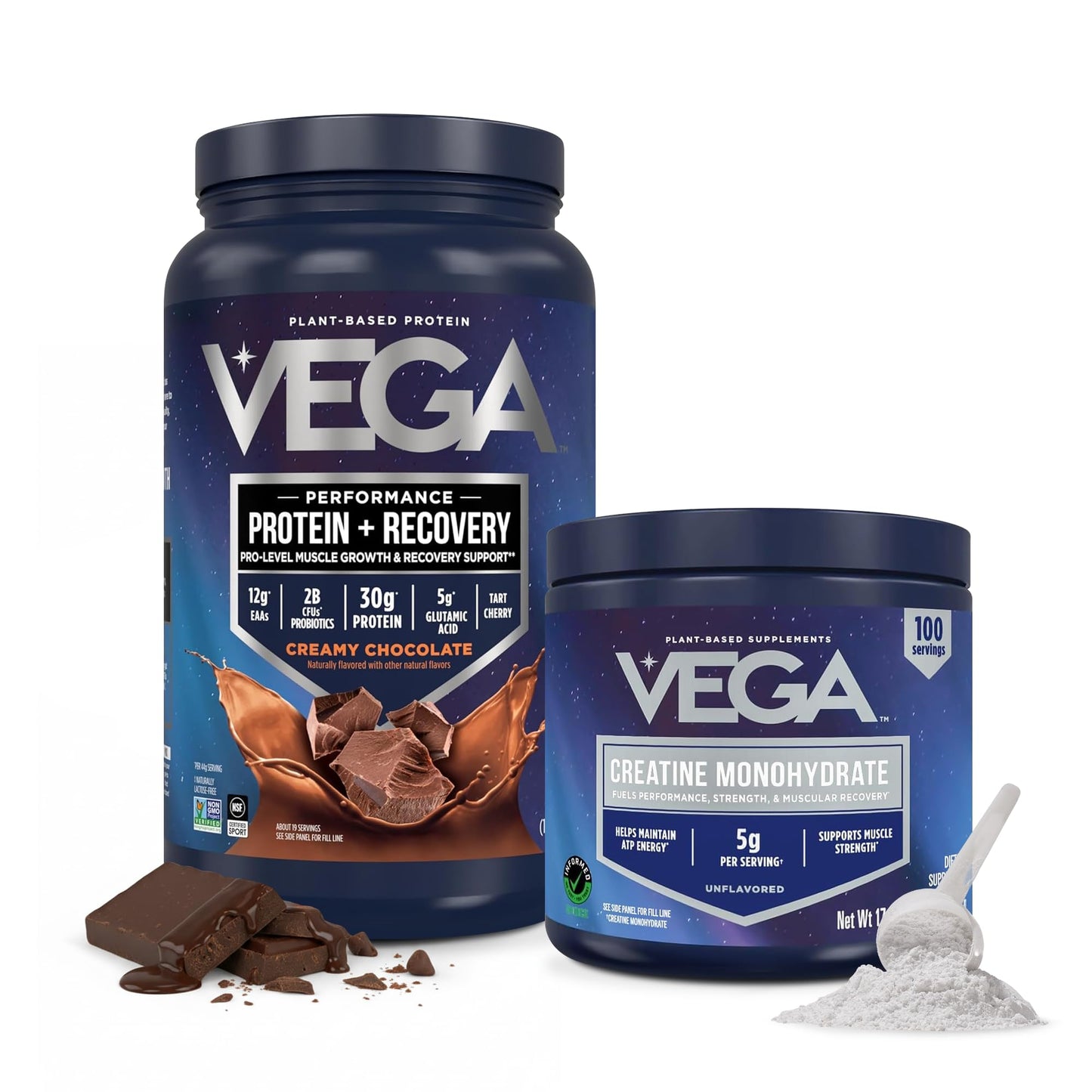 Vega Protein + Recovery, Chocolate – 30g Vegan Protein, Dairy & Gluten Free, Probiotics, NSF Certified, 28.8 oz (19 Servings)