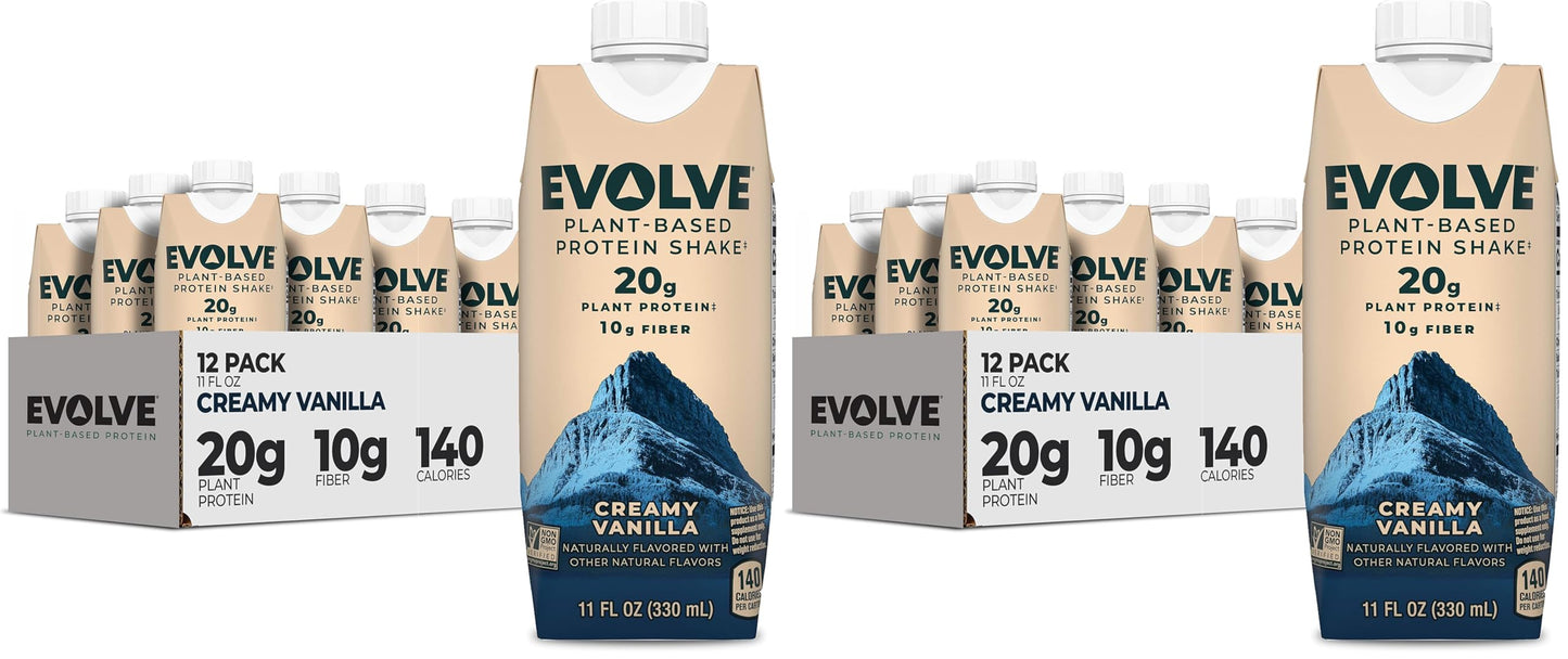Evolve Plant Based Protein Shake, Vanilla Bean, 20g Vegan Protein, Dairy Free, No Artificial Sweeteners, Non-GMO, 10g Fiber, 11 Fl Oz (Pack of 12) (Formula May Vary)
