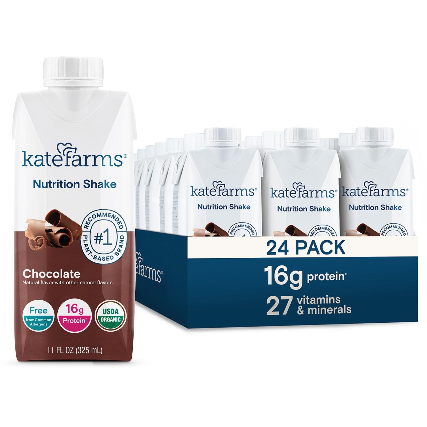 KATE FARMS Organic Nutrition Shake, Chocolate, 16g Protein, 6 Pack | Organic chocolate nutrition shake with 16g protein and 27 vitamins and minerals in every serving.