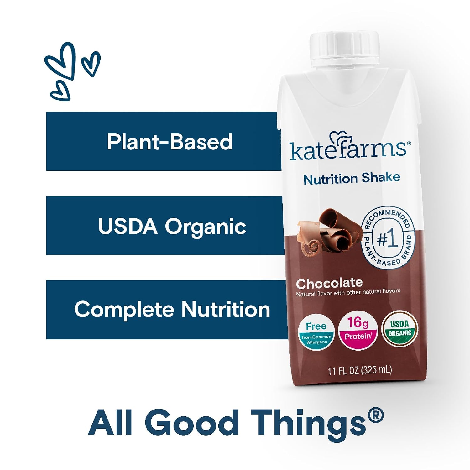 KATE FARMS Organic Nutrition Shake, Chocolate, 16g Protein, 6 Pack | Organic chocolate nutrition shake with 16g protein and 27 vitamins and minerals in every serving.