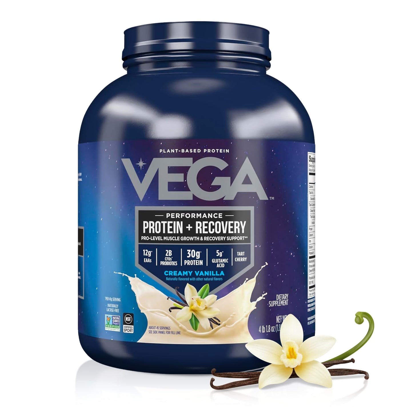 Vega Protein + Recovery, Chocolate – 30g Vegan Protein, Dairy & Gluten Free, Probiotics, NSF Certified, 28.8 oz (19 Servings)