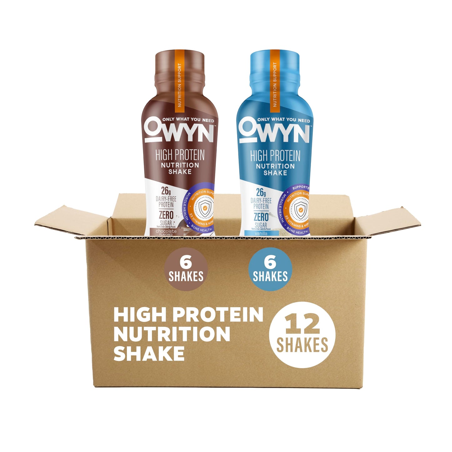 OWYN Only What You Need 26g High Protein Shake, Chocolate Flavored, 12 Ct | 26g Protein, Zero Sugar, 3g Fiber, Dairy Free, Plant Protein, Gluten Free, 12fl oz Bottles, 23 Vitamins and Minerals