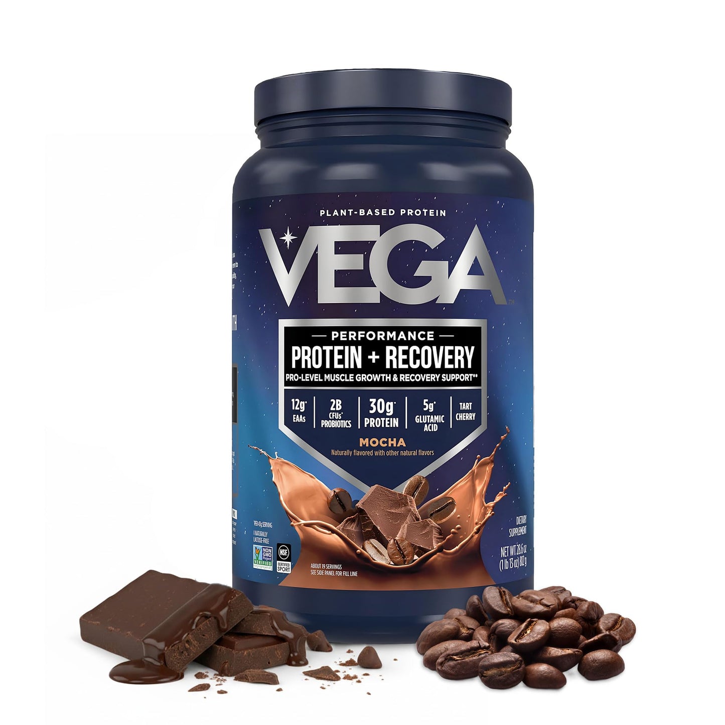 Vega Protein + Recovery, Chocolate – 30g Vegan Protein, Dairy & Gluten Free, Probiotics, NSF Certified, 28.8 oz (19 Servings)