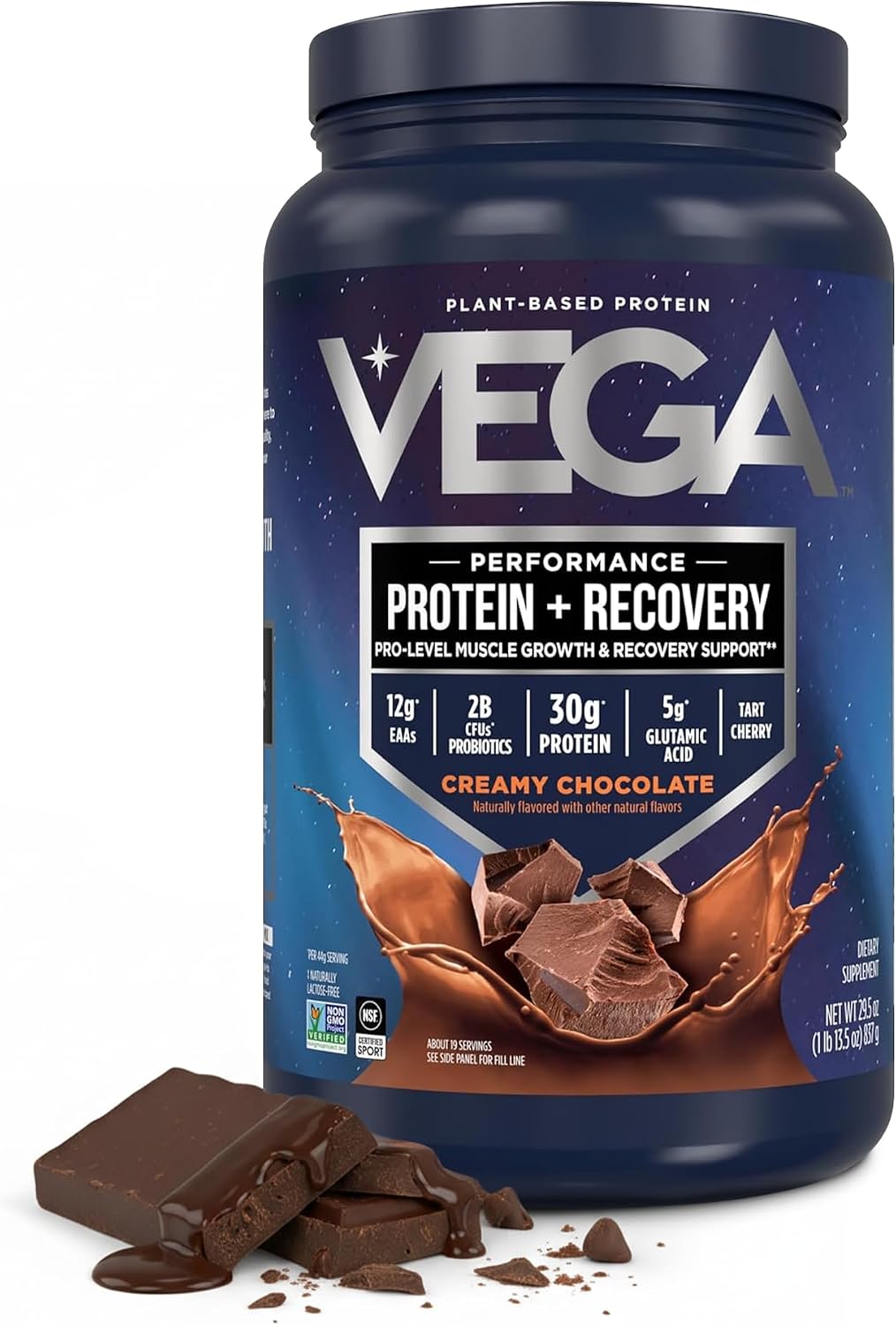 Vega Protein + Recovery, Chocolate – 30g Vegan Protein, Dairy & Gluten Free, Probiotics, NSF Certified, 28.8 oz (19 Servings)