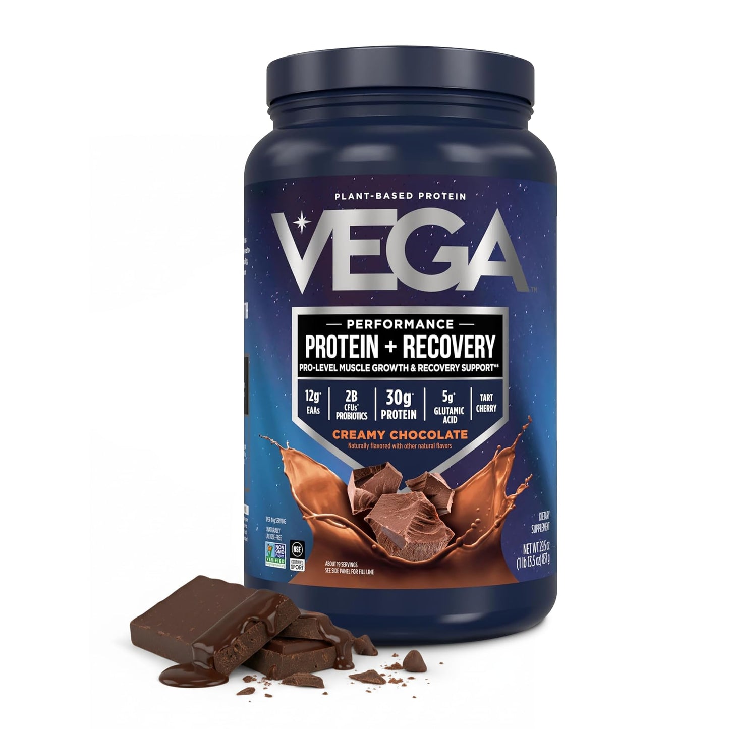 Vega Protein + Recovery, Chocolate – 30g Vegan Protein, Dairy & Gluten Free, Probiotics, NSF Certified, 28.8 oz (19 Servings)