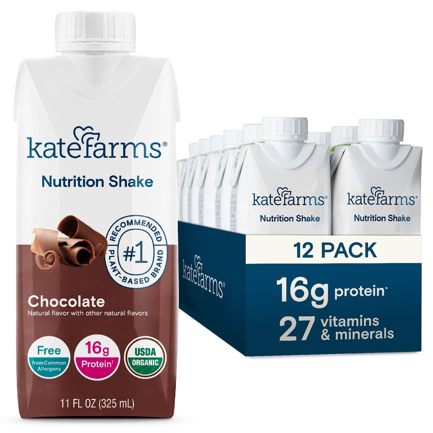 KATE FARMS Organic Nutrition Shake, Chocolate, 16g Protein, 6 Pack | Organic chocolate nutrition shake with 16g protein and 27 vitamins and minerals in every serving.