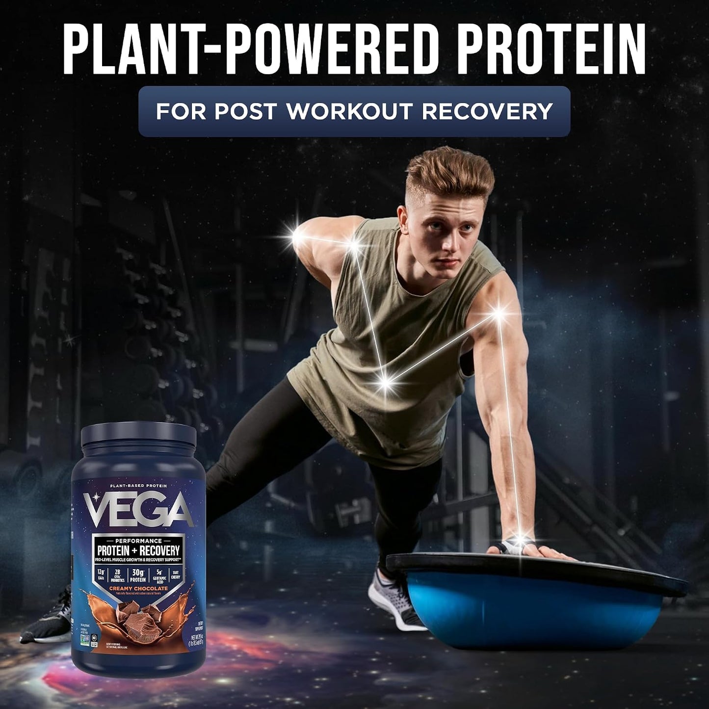 Vega Protein + Recovery, Chocolate – 30g Vegan Protein, Dairy & Gluten Free, Probiotics, NSF Certified, 28.8 oz (19 Servings)