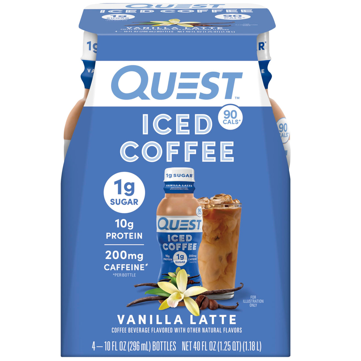 Quest Nutrition Iced Coffee, Vanilla Latte, 1g of Sugar, 10g of Protein, 90 calories, 200mg of caffeine, 12 Count
