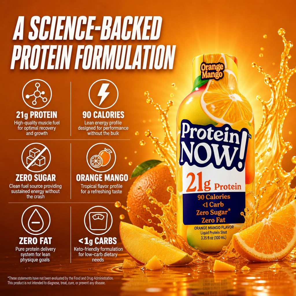 Protein Now Liquid 3 oz. Protein Shot By NutraBio– 21g Protein, 0 Carbs, 0 Fat, GLP-1 Support, Ready-to-Drink, No Refrigeration, Whey & Collagen Protein for Hair, Skin & Nails, On-the-Go Nutrition- Orange Mango