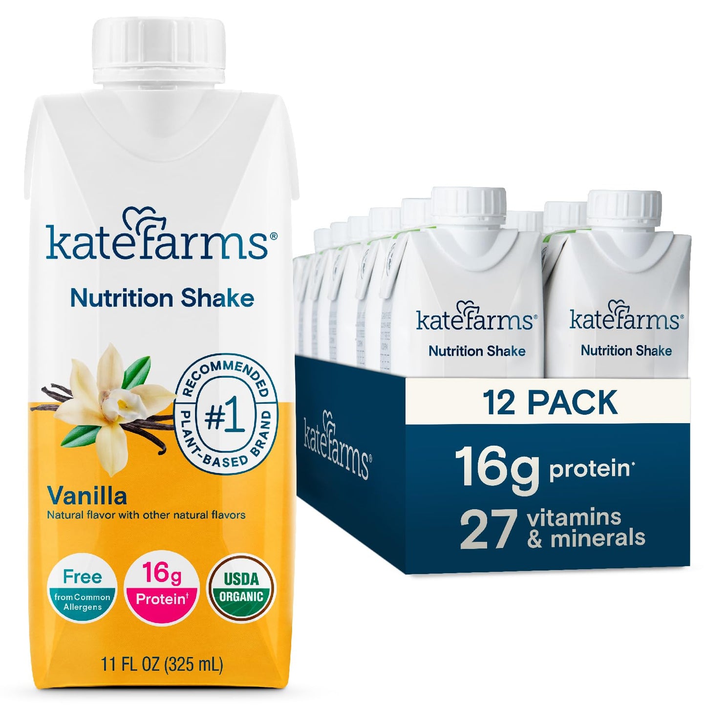 KATE FARMS Organic Nutrition Shake, Chocolate, 16g Protein, 6 Pack | Organic chocolate nutrition shake with 16g protein and 27 vitamins and minerals in every serving.