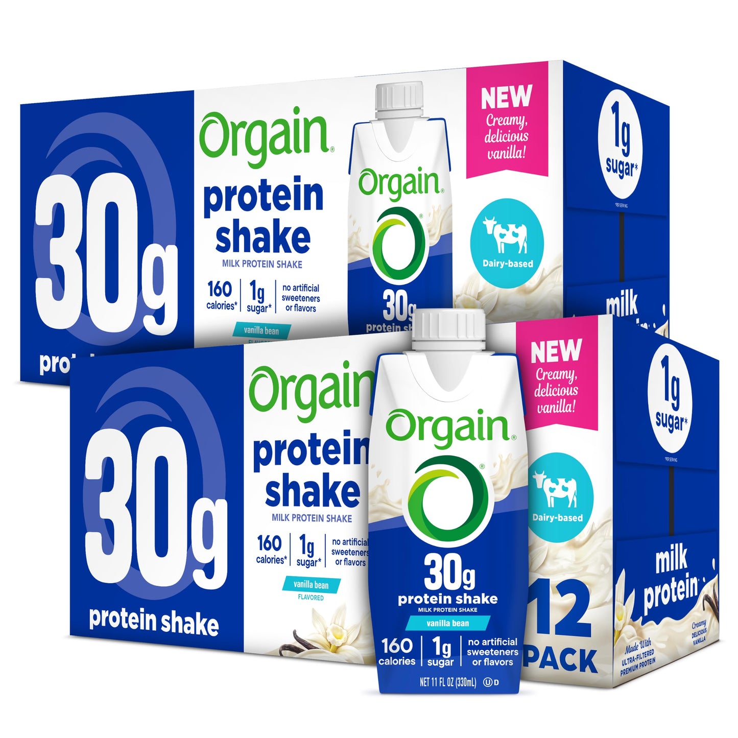 Orgain 38g High Protein Grass-Fed Shake, 6g BCAAs, Chocolate, 14 oz, 12pk | Ready to drink dairy isolate milk protein, meal replacement, 1g sugar per serving, keto friendly, gluten free