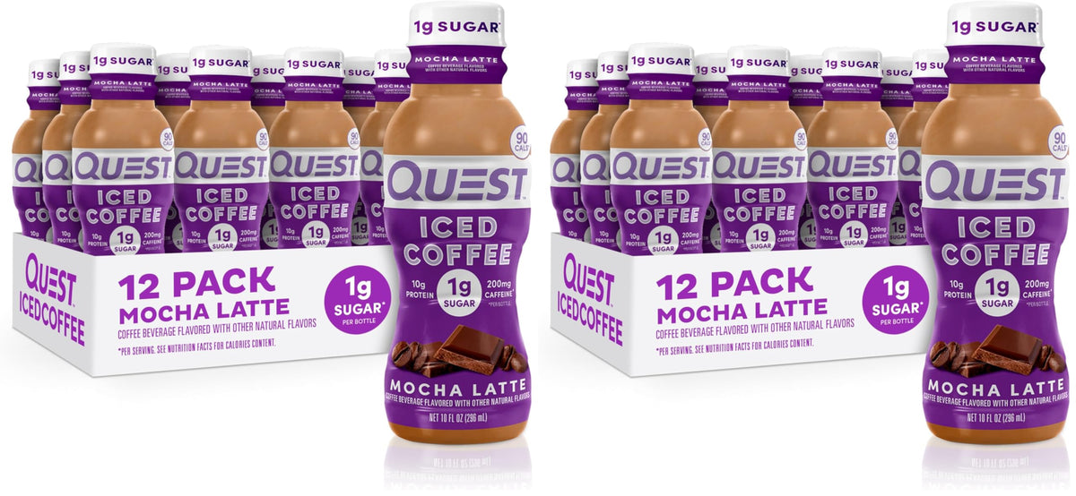 Quest Nutrition Iced Coffee, Vanilla Latte, 1g of Sugar, 10g of Protein, 90 calories, 200mg of caffeine, 12 Count
