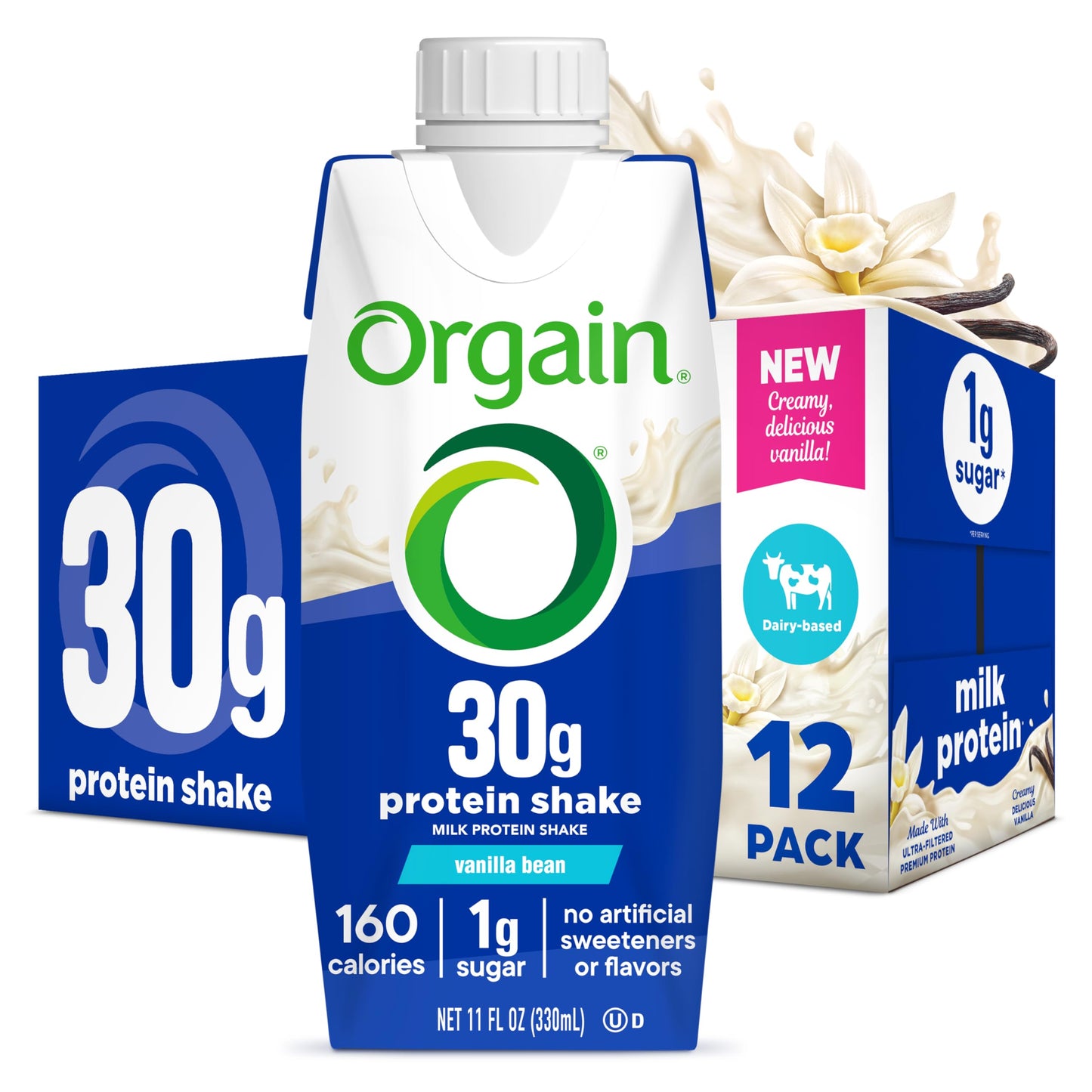 Orgain 38g High Protein Grass-Fed Shake, 6g BCAAs, Chocolate, 14 oz, 12pk | Ready to drink dairy isolate milk protein, meal replacement, 1g sugar per serving, keto friendly, gluten free