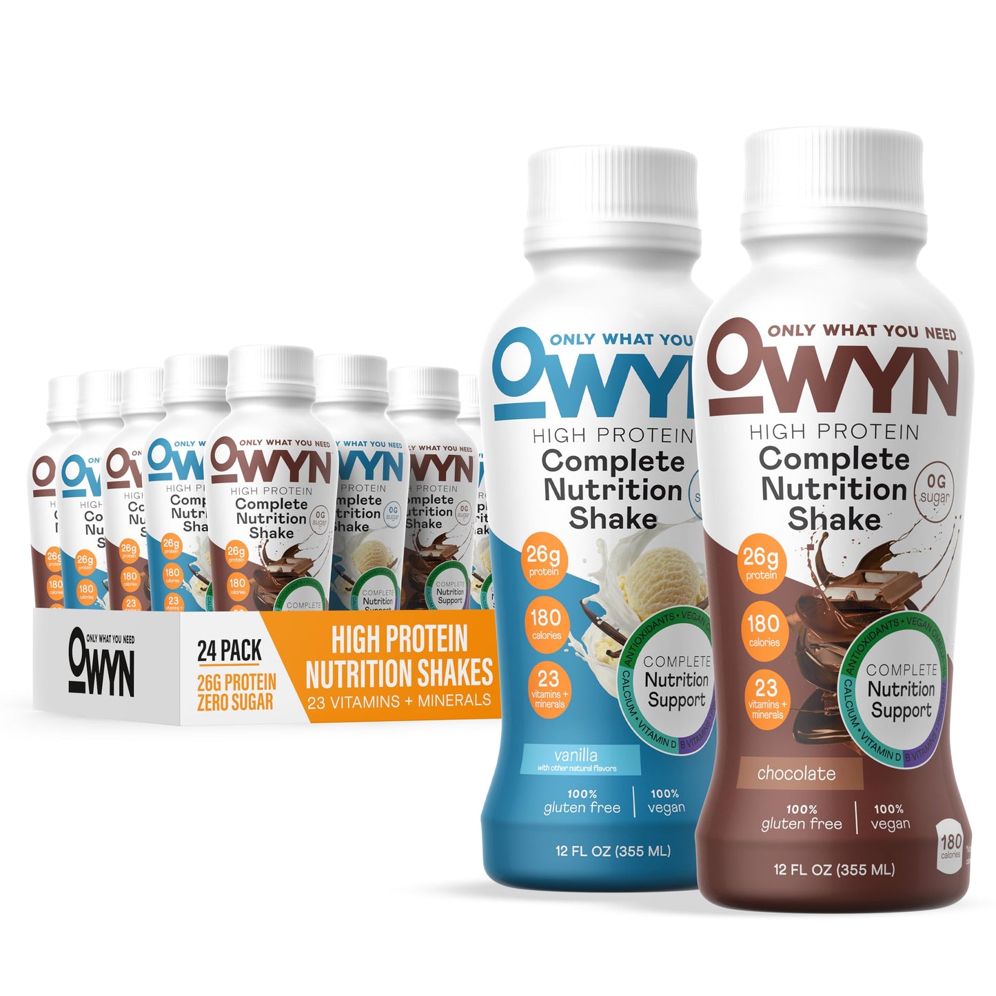 OWYN Only What You Need 26g High Protein Shake, Chocolate Flavored, 12 Ct | 26g Protein, Zero Sugar, 3g Fiber, Dairy Free, Plant Protein, Gluten Free, 12fl oz Bottles, 23 Vitamins and Minerals