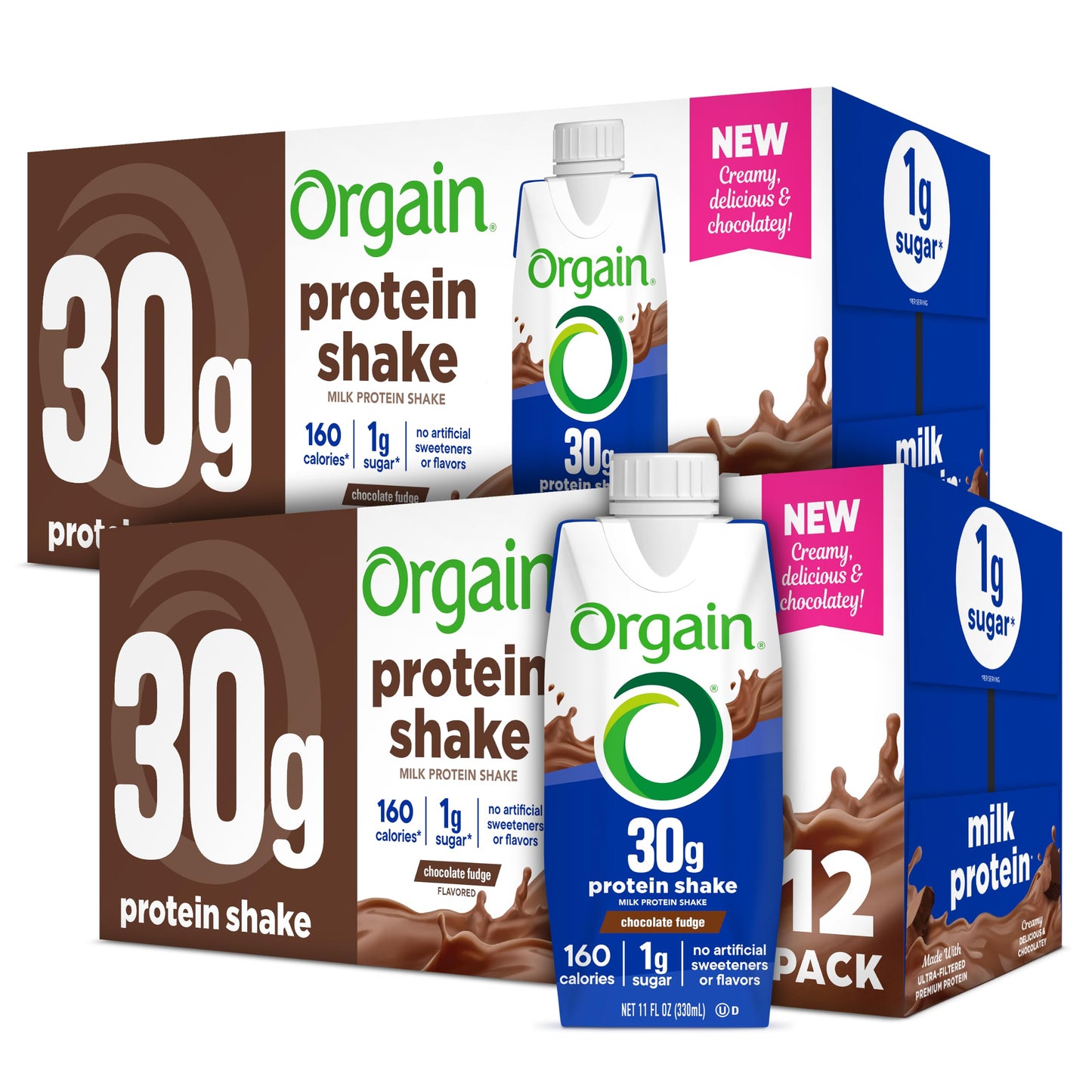 Orgain 38g High Protein Grass-Fed Shake, 6g BCAAs, Chocolate, 14 oz, 12pk | Ready to drink dairy isolate milk protein, meal replacement, 1g sugar per serving, keto friendly, gluten free