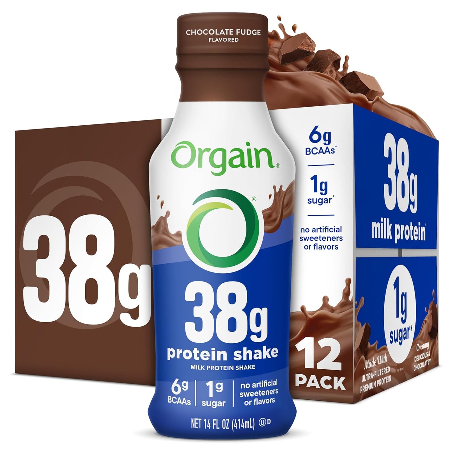 Orgain 38g High Protein Grass-Fed Shake, 6g BCAAs, Chocolate, 14 oz, 12pk | Ready to drink dairy isolate milk protein, meal replacement, 1g sugar per serving, keto friendly, gluten free