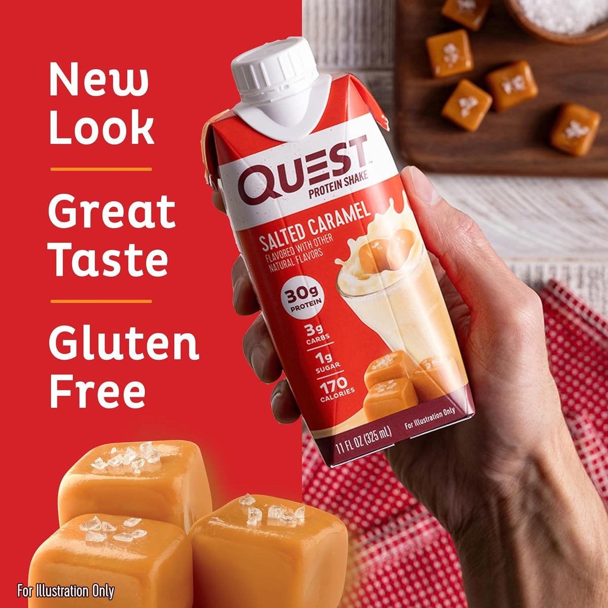Quest Nutrition Ready to Drink Salted Caramel Protein Shake, 30g Protein, 3g Net Carbs, Gluten Free, Keto Friendly, 11 fl.oz 4 Count(Pack of 6)